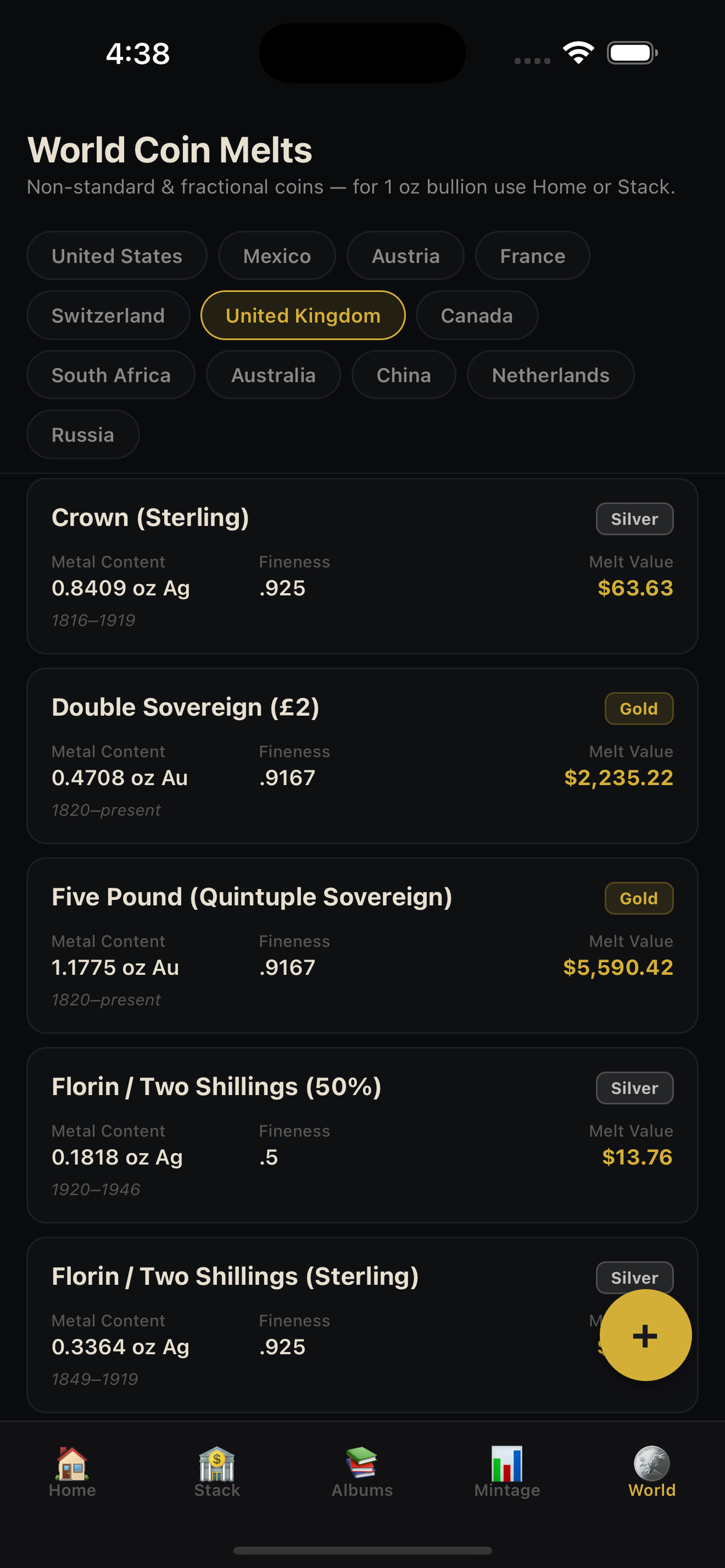 StackVault World Coins — Melt values for 170+ international coins
